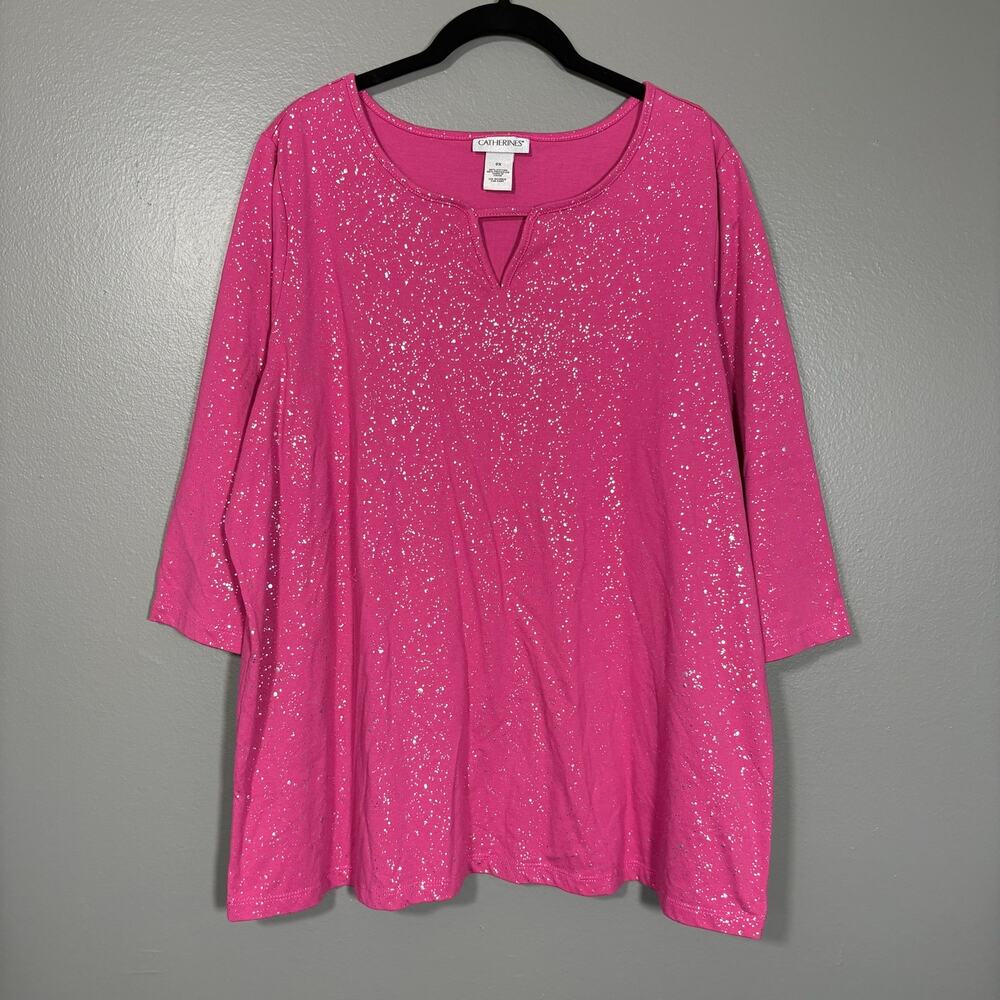 Catherines Pink & Silver Foil Metallic Casual Glam Top - 0X - Women's Plus Size